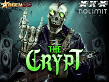 a poster of a skeleton holding a guitar with the words the crypt in green