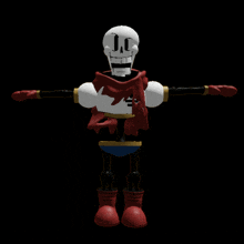 a 3d model of papyrus with his arms outstretched and a scarf around his neck