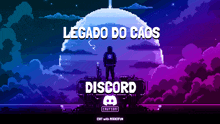 a pixel art advertisement for discord with a man standing on top of a building