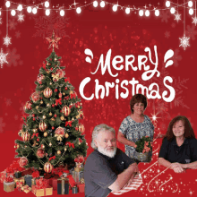 a merry christmas greeting card with a christmas tree in the background