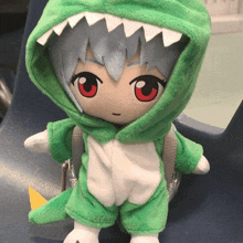 a stuffed animal wearing a green and white dinosaur outfit