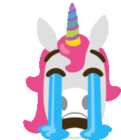 a unicorn with pink hair and a rainbow horn is crying with blue tears coming out of its eyes