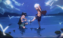 a couple of anime characters standing next to each other on the beach