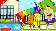 a group of blocks are standing next to each other in front of a house and a pool .