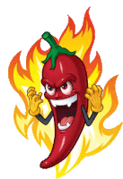 a cartoon drawing of an angry red pepper with flames behind it