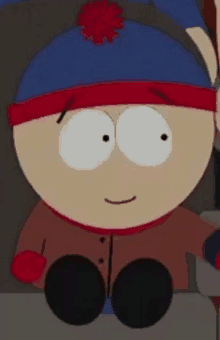 stanley from south park is a cartoon character with a red hat and a flower on his head .