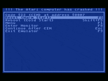 the atari computer has crashed and is displayed on a blue screen