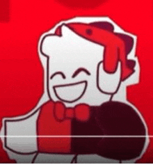 a cartoon character with a red hat and bow tie is holding a microphone and smiling .