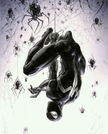 a spider man hanging upside down in a web surrounded by spiders