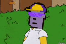 homer simpson from the simpsons is wearing a pixelated hat and sunglasses .