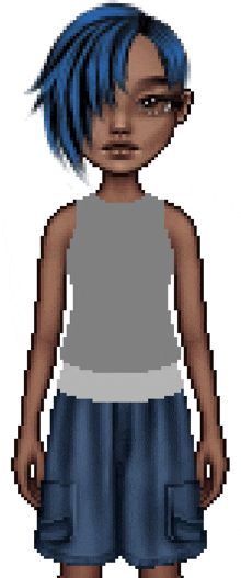 a pixel art of a person with blue hair