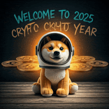 a stuffed dog wearing an astronaut 's helmet is sitting in front of a sign that says welcome to 2025 crypto ckyto year