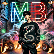 a man with a snake on his shirt stands in front of a sign that says mb