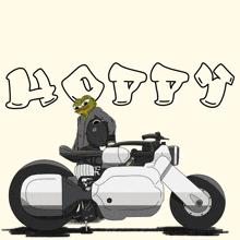 a cartoon of a frog riding a motorcycle with the word hoppy written above it