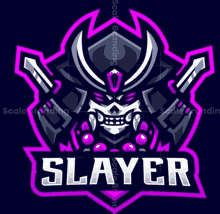 a logo for a game called slayer has a skull and swords