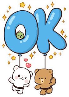 a cartoon of two teddy bears holding balloons with the word ok on them .