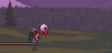 a pixel art of a person holding a giant eyeball in a field .