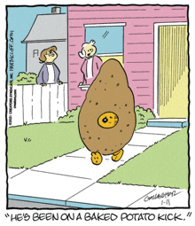 a cartoon of a baked potato kick walking down a sidewalk