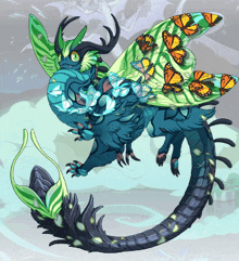 a drawing of a dragon with butterflies on its wings and tail