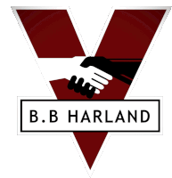 a logo for b.b. harland shows a handshake between two people