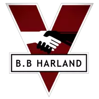 a logo for b.b. harland shows a handshake between two people