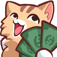 a cartoon cat is holding a fan of green dollar bills with the letter s on them