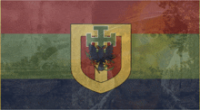 a colorful flag with a shield with a cross and an eagle on it