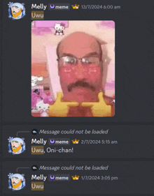 a screenshot of a discord conversation between melly and oni-chan