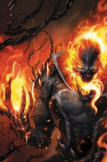 a painting of a ghost rider with flames coming out of its mouth