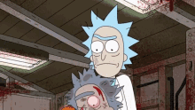 a cartoon of rick and morty in a room with blood on the floor