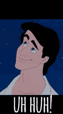 a cartoon of a man with blue eyes and the words uh huh