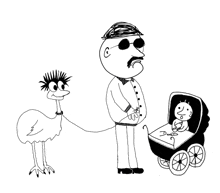 a black and white drawing of a man holding a baby and an ostrich