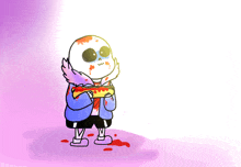 a cartoon drawing of a skeleton holding a bloody piece of pizza