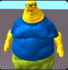 a cartoon character with a blue shirt and yellow gloves is standing on a tiled floor .