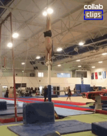 a man doing a handstand on a parallel bars in a gym with a collab clips logo in the corner