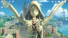 a video game screen shows a statue of a girl with wings holding a boy