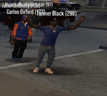 a man in a blue shirt is dancing in a video game