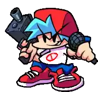 a pixel art drawing of a cartoon character holding a gun and a microphone .