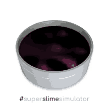 a silver bowl with purple liquid in it and the words #superslimesimulator