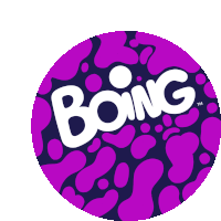 a purple circle with the word boing in white letters