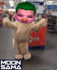 a mascot in a store with a sign that says ' moon sama ' on it