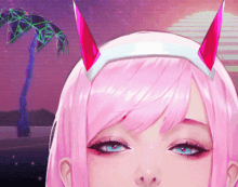 a close up of a girl 's face with horns and a palm tree in the background