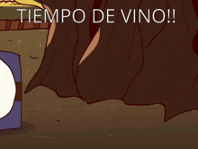 a cartoon says tiempo de vino and has a purple box with a pink face