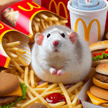 a rat is standing in front of a mcdonald 's box of french fries