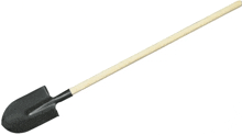 a black shovel with a long wooden handle