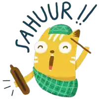 a cartoon cat is holding a rolling pin and says sahuur !!!