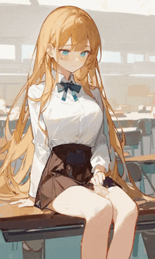 a girl with long blonde hair is sitting on a desk with her legs crossed