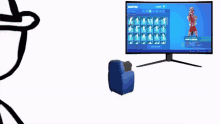 a blue chair is sitting in front of a computer monitor with a character on it .