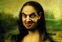 mr bean is making a funny face in a painting of a woman .