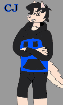 a drawing of a wolf wearing a hoodie and shorts with the name cj above him